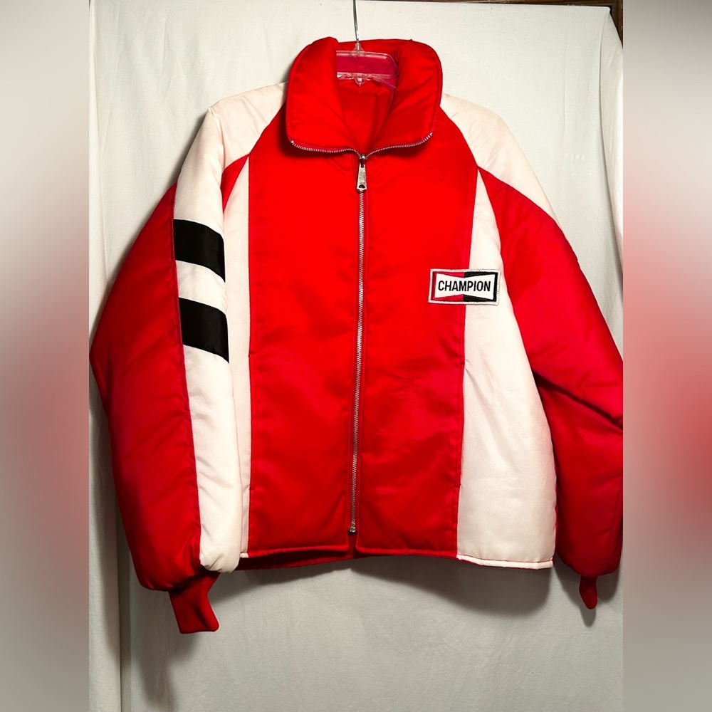 MENS VINTAGE XL REVERSIBLE RED WHITE CHAMPION RACING PUFFER STYLE JACKET